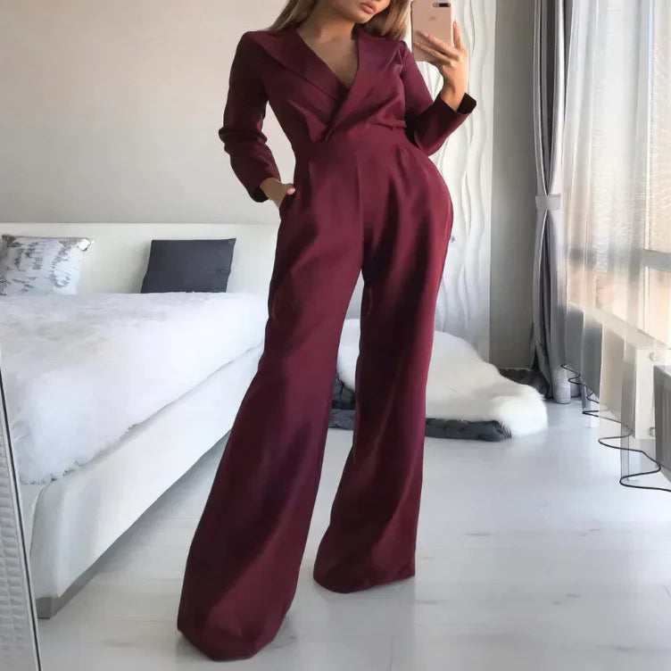Long Sleeve Jumpsuit with V Neckline and Back Zipper, Slim Fit Upper