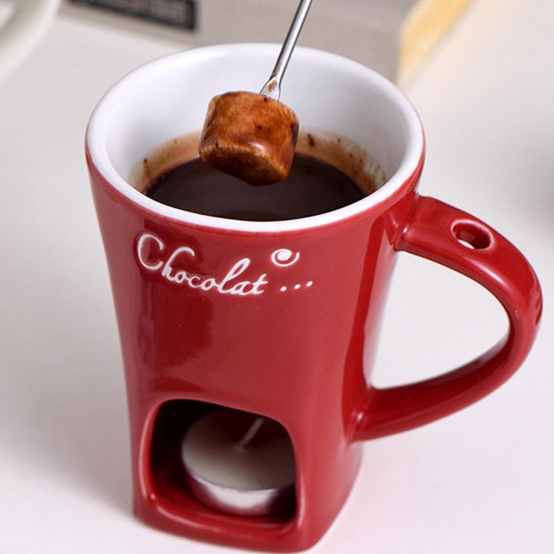 Ceramic Fondue Cup with Candle Warmer and Stainless Steel Fork