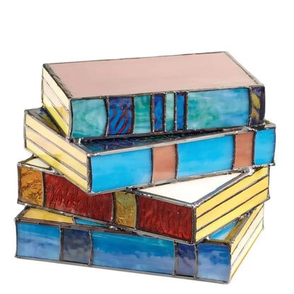 Stained Glass Table Lamp with Book Stack Design and Warm Diffused Light All Vera Mart