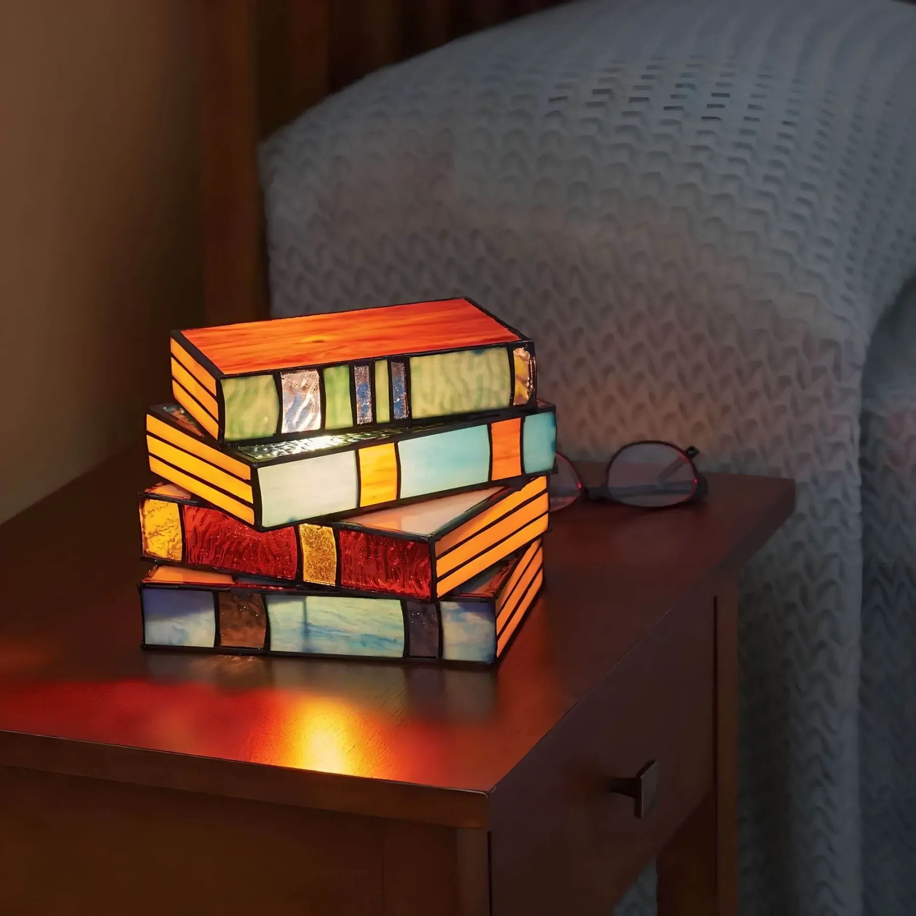 Stained Glass Table Lamp with Book Stack Design and Warm Diffused Light All Vera Mart