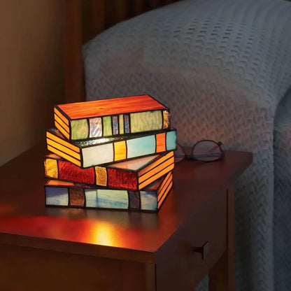 Stained Glass Table Lamp with Book Stack Design and Warm Diffused Light All Vera Mart