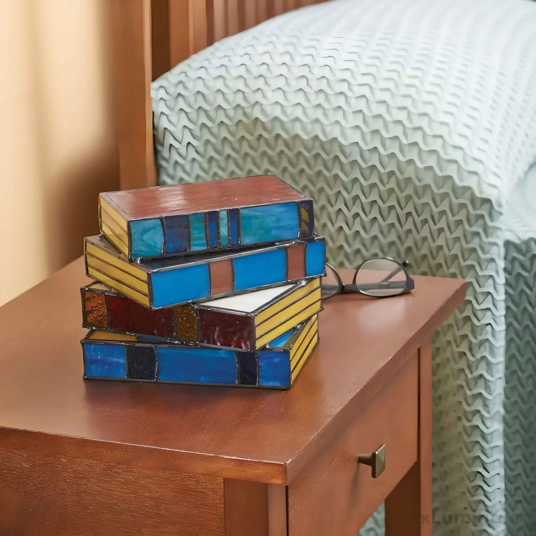 Stained Glass Table Lamp with Book Stack Design and Warm Diffused Light All Vera Mart
