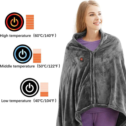 Portable Heated Shawl with Rapid Heating and Zipper Closure, Machine Washable