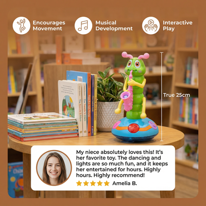 Dancing Saxophone Caterpillar Toy That Spins, Plays Tunes and Lights Up in Bright Colors
