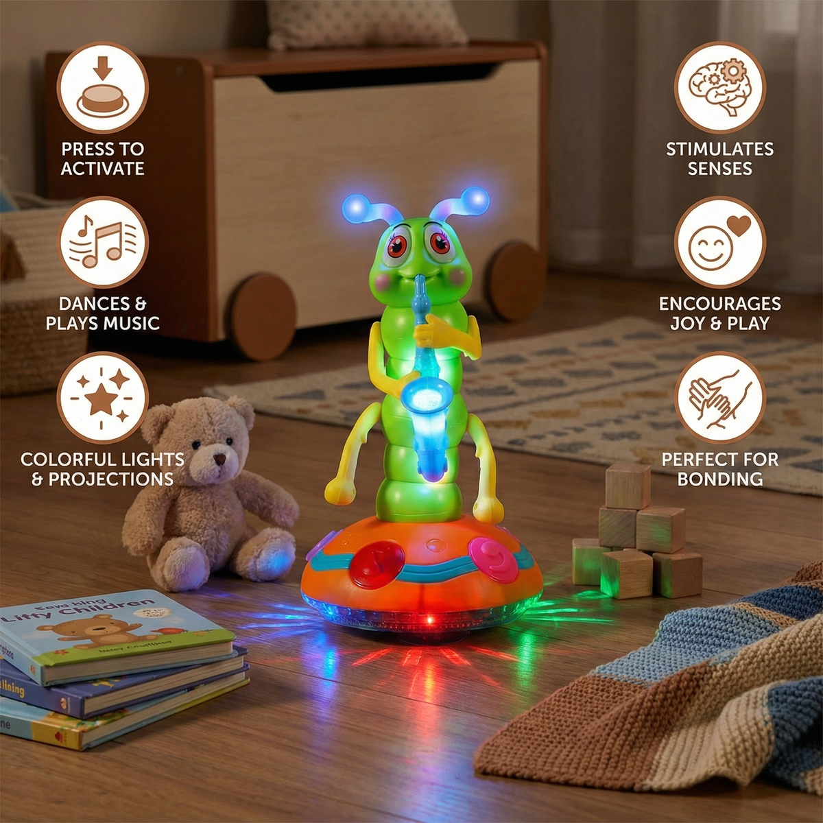 Dancing Saxophone Caterpillar Toy That Spins, Plays Tunes and Lights Up in Bright Colors