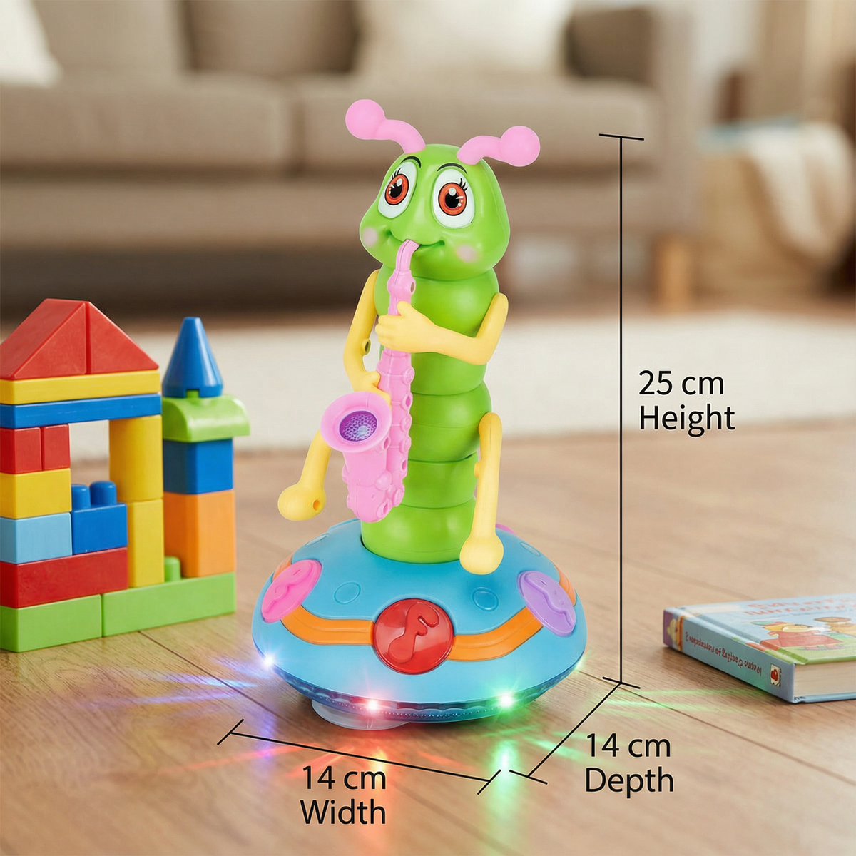 Dancing Saxophone Caterpillar Toy That Spins, Plays Tunes and Lights Up in Bright Colors