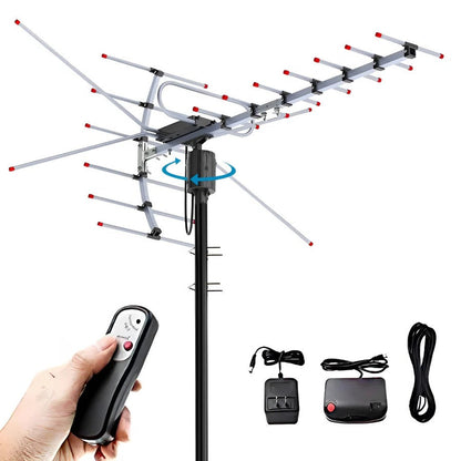 Outdoor TV Antenna for UHF and VHF with a 360 Degree Motorized Rotator, Remote Control and 33 Foot Coaxial Cable