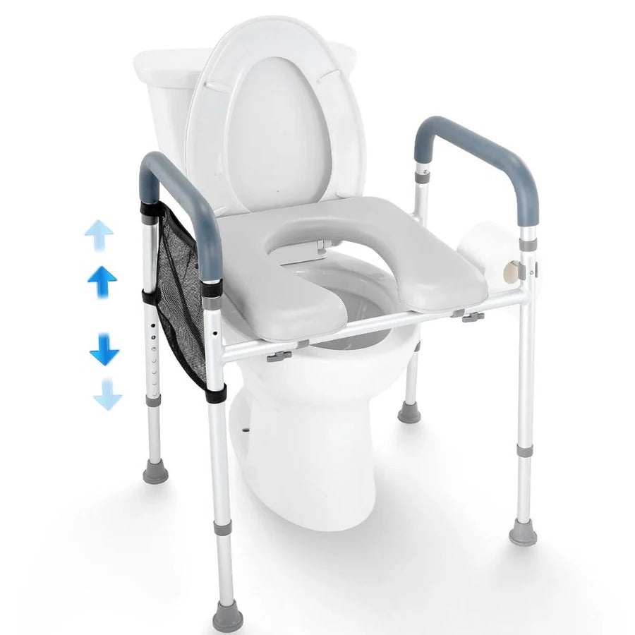 Elevated Aluminum Toilet Seat Frame with Padded Armrests and 7 Height Settings for Bathroom