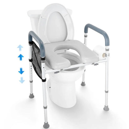 Elevated Aluminum Toilet Seat Frame with Padded Armrests and 7 Height Settings for Bathroom