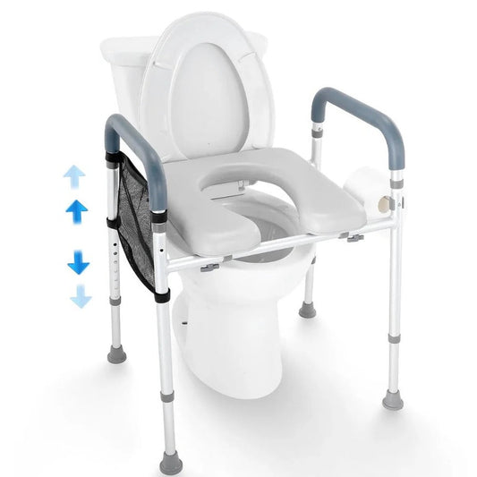 Elevated Aluminum Toilet Seat Frame with Padded Armrests and 7 Height Settings for Bathroom