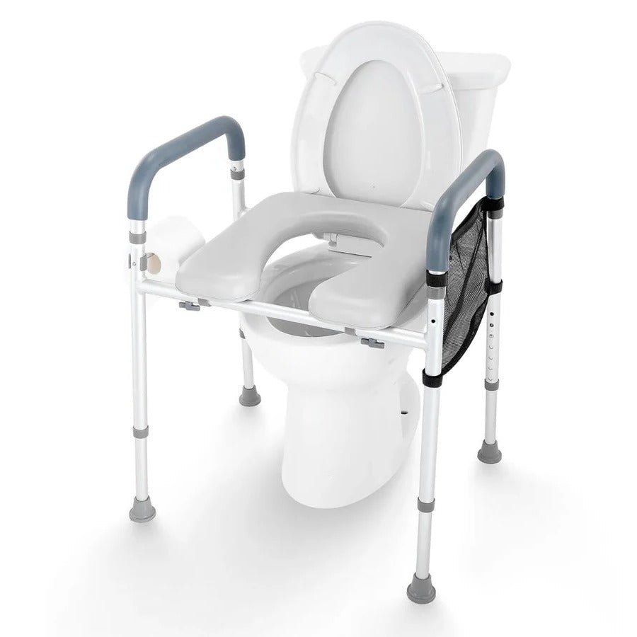 Elevated Aluminum Toilet Seat Frame with Padded Armrests and 7 Height Settings for Bathroom