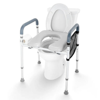 Elevated Aluminum Toilet Seat Frame with Padded Armrests and 7 Height Settings for Bathroom