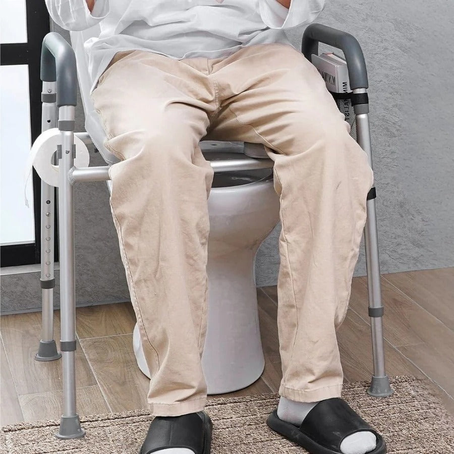Elevated Aluminum Toilet Seat Frame with Padded Armrests and 7 Height Settings for Bathroom