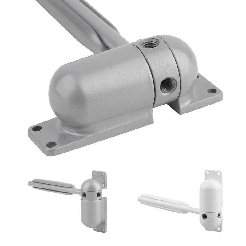 Interior Door Closer with Spring-Loaded Arm and Cushioned Closing Action
