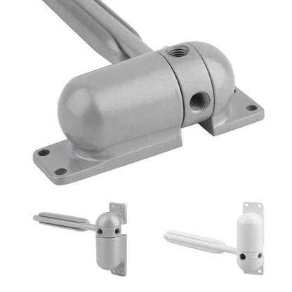 Interior Door Closer with Spring-Loaded Arm and Cushioned Closing Action