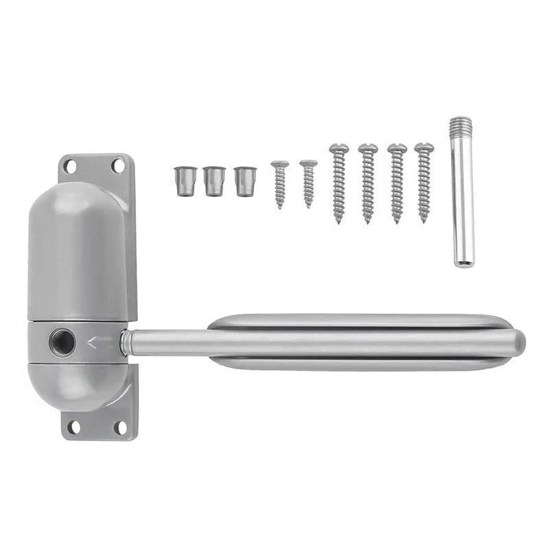 Interior Door Closer with Spring-Loaded Arm and Cushioned Closing Action