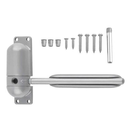 Interior Door Closer with Spring-Loaded Arm and Cushioned Closing Action