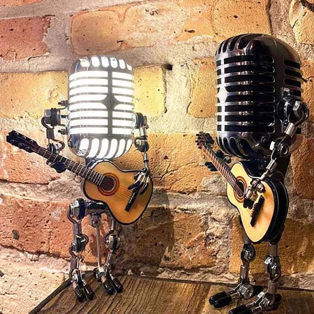 Retro Metal Robot Lamp with Guitar and Microphone