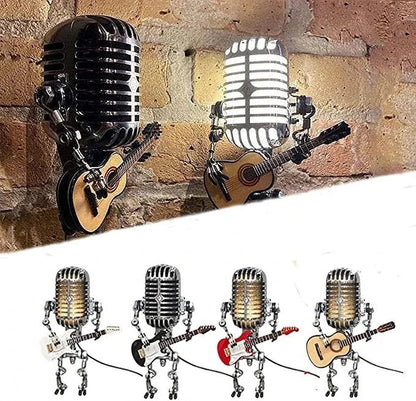 Retro Industrial Metal Robot Lamp With Vintage Microphone Head