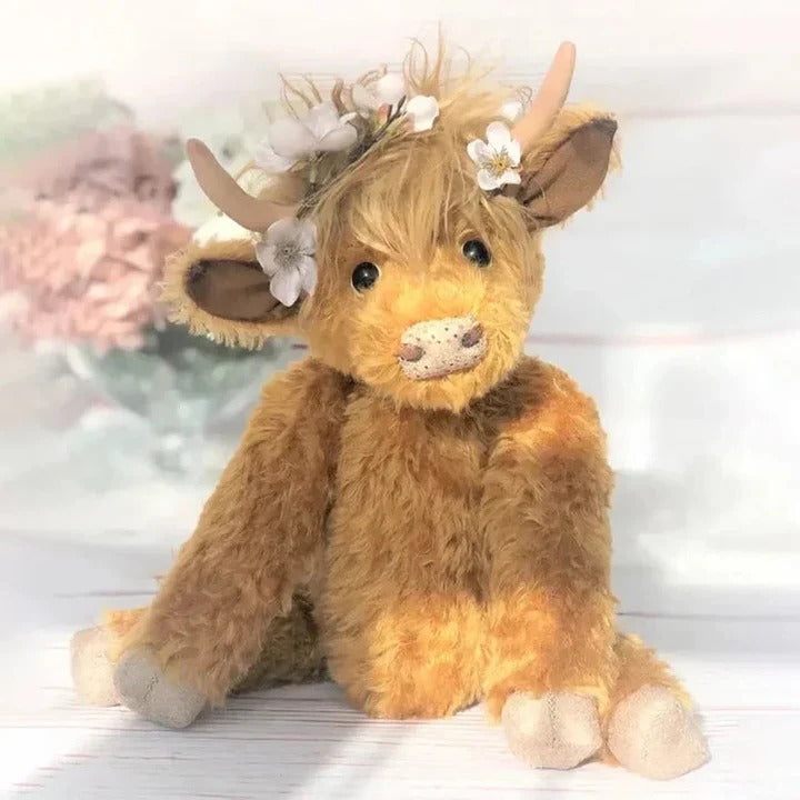 Handmade Highland Cow Plush Toy - Floral Headpiece Design