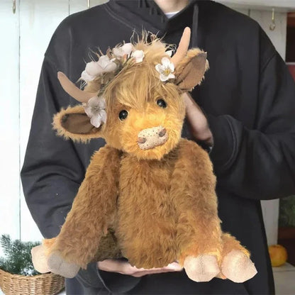 Handmade Highland Cow Plush Toy - Floral Headpiece Design