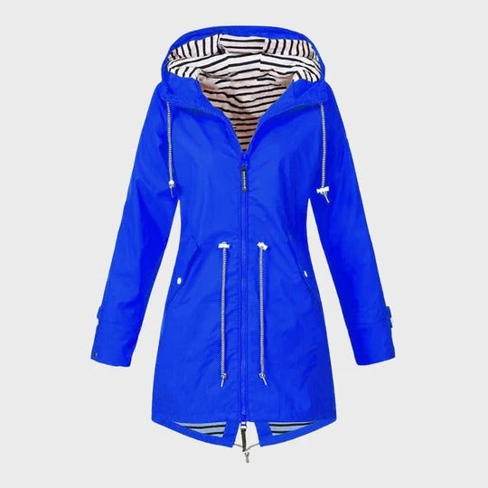 Womens Long Hooded Rain Jacket with Adjustable Hood, Side Pockets and Front Closure in Six Colors