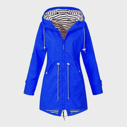 Womens Long Hooded Rain Jacket with Adjustable Hood, Side Pockets and Front Closure in Six Colors