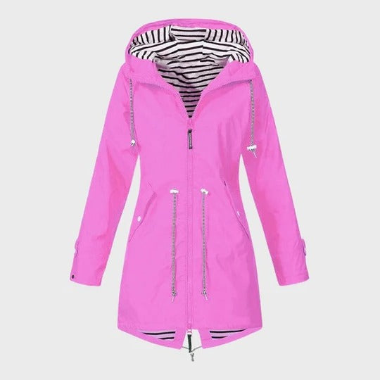 Womens Long Hooded Rain Jacket with Adjustable Hood, Side Pockets and Front Closure in Six Colors