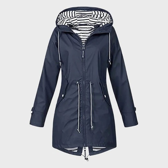 Womens Long Hooded Rain Jacket with Adjustable Hood, Side Pockets and Front Closure in Six Colors