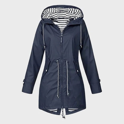 Womens Long Hooded Rain Jacket with Adjustable Hood, Side Pockets and Front Closure in Six Colors