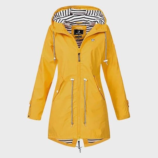 Womens Long Hooded Rain Jacket with Adjustable Hood, Side Pockets and Front Closure in Six Colors