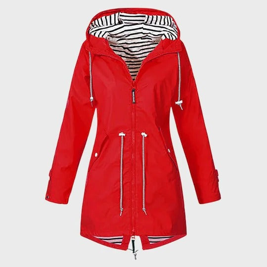Womens Long Hooded Rain Jacket with Adjustable Hood, Side Pockets and Front Closure in Six Colors