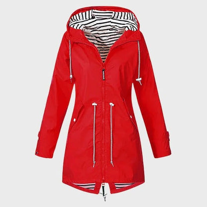 Womens Long Hooded Rain Jacket with Adjustable Hood, Side Pockets and Front Closure in Six Colors