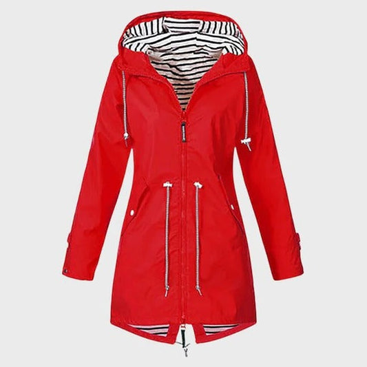 Womens Long Hooded Rain Jacket with Adjustable Hood, Side Pockets and Front Closure in Six Colors