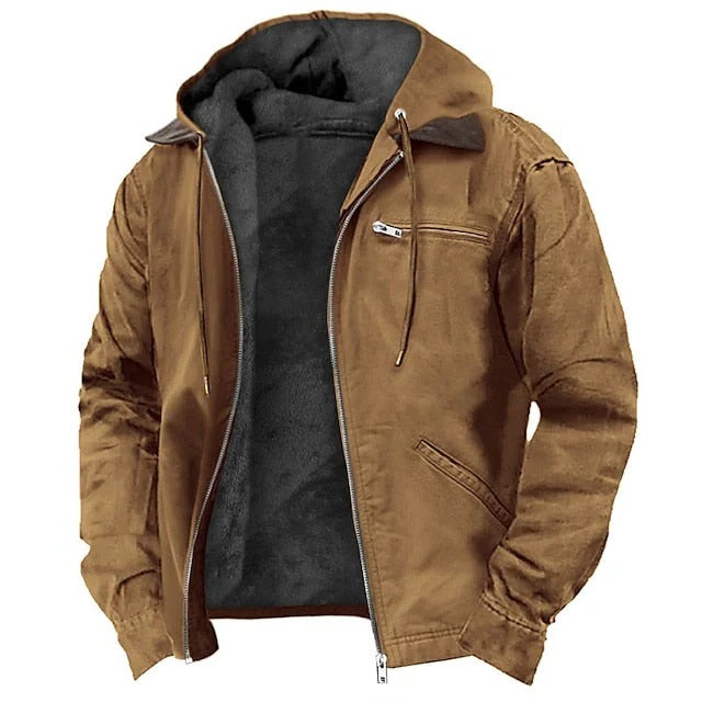 Mens Fleece Lined Hooded Work Jacket with Full Zip for Cold Weather
