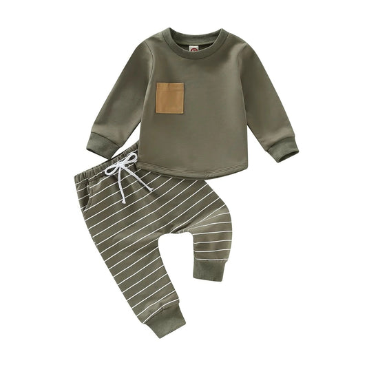 Toddler Boys Fall Set with Long Sleeve Top and Striped Pants, 2 Piece