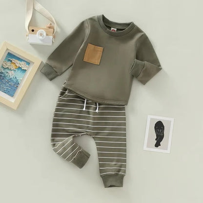 Toddler Boys Fall Set with Long Sleeve Top and Striped Pants, 2 Piece
