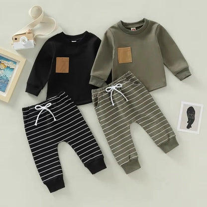 Toddler Boys Fall Set with Long Sleeve Top and Striped Pants, 2 Piece