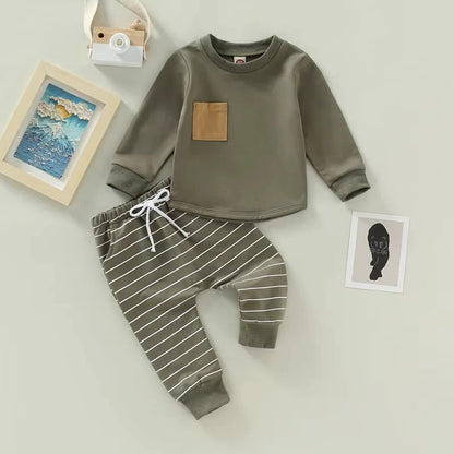 Toddler Boys Fall Set with Long Sleeve Top and Striped Pants, 2 Piece