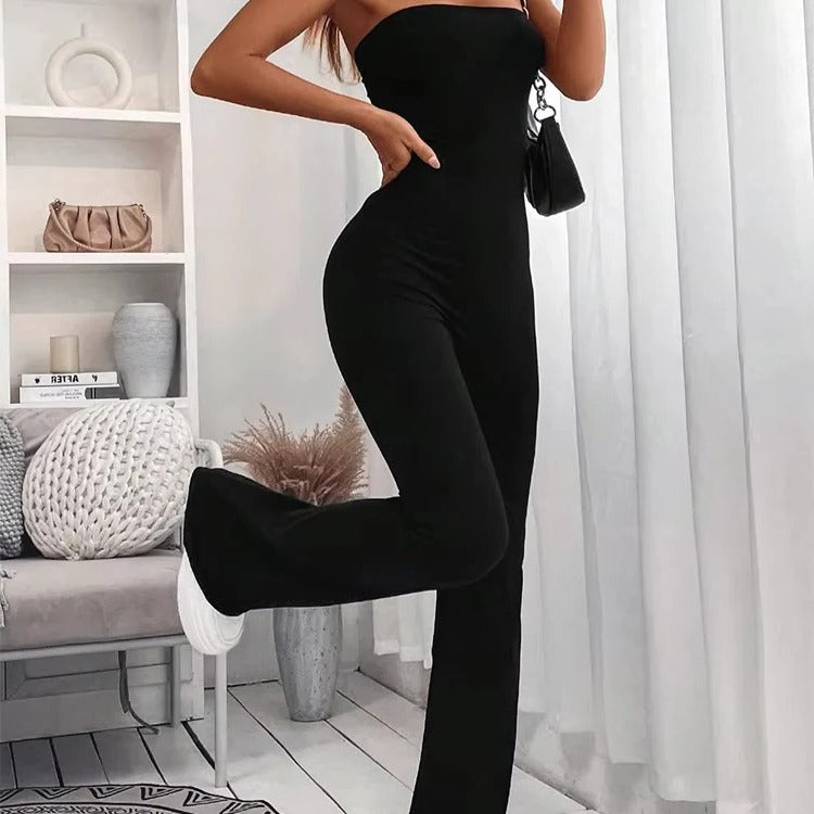 Summer Slim Fit Flared Jumpsuit with Drawstring Waist for Women