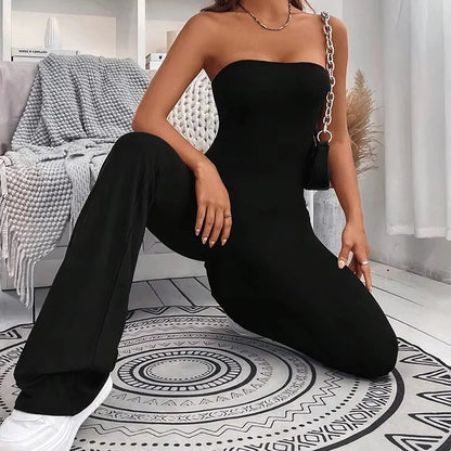 Summer Slim Fit Flared Jumpsuit with Drawstring Waist for Women