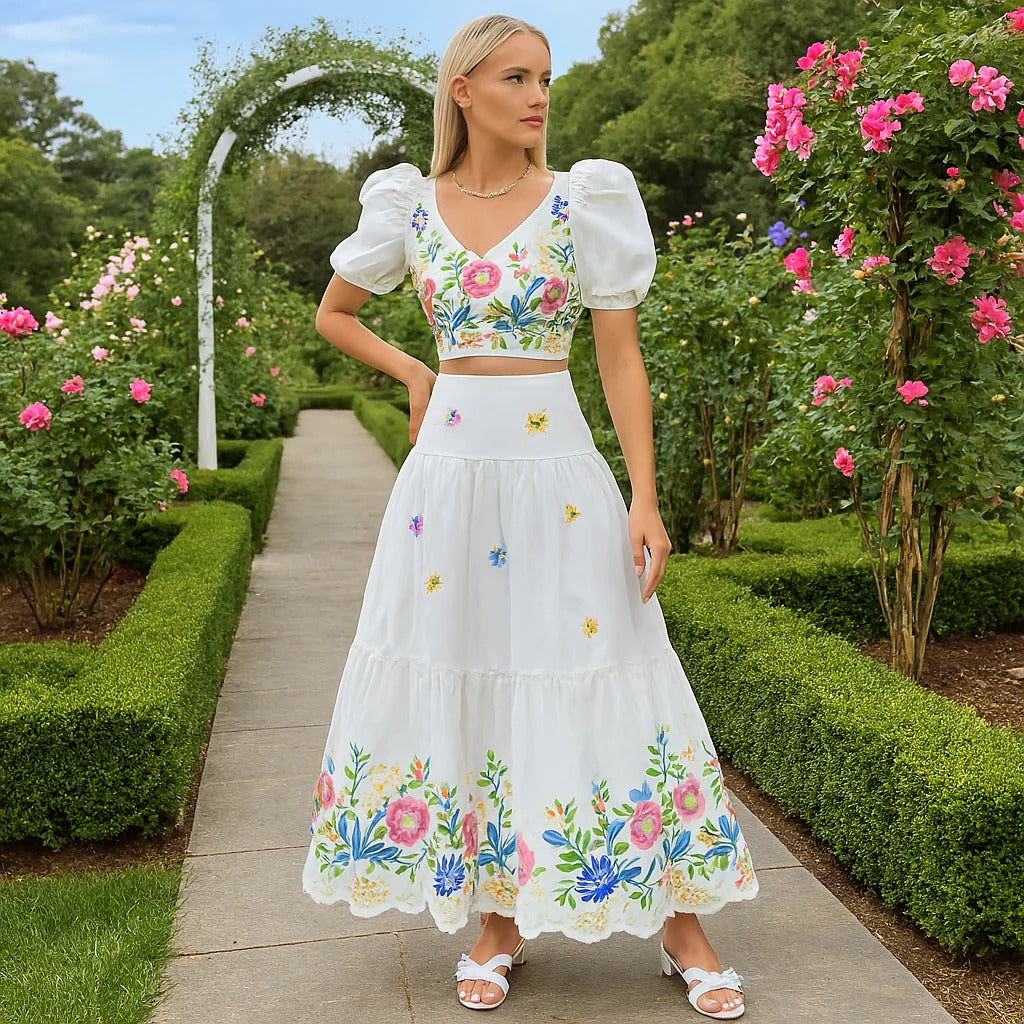 Floral Set with Puff Sleeve Top and High Waist Gathered Skirt for Women, 2 Piece