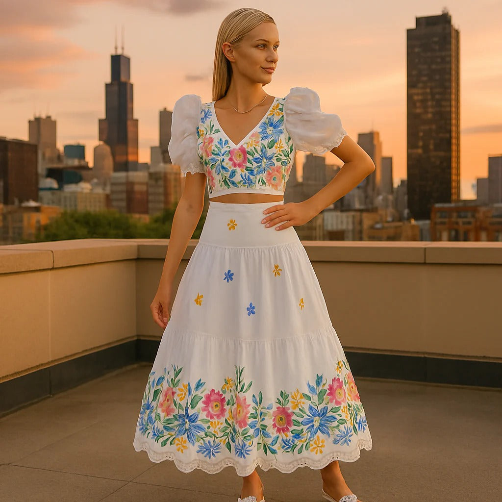 Floral Set with Puff Sleeve Top and High Waist Gathered Skirt for Women, 2 Piece