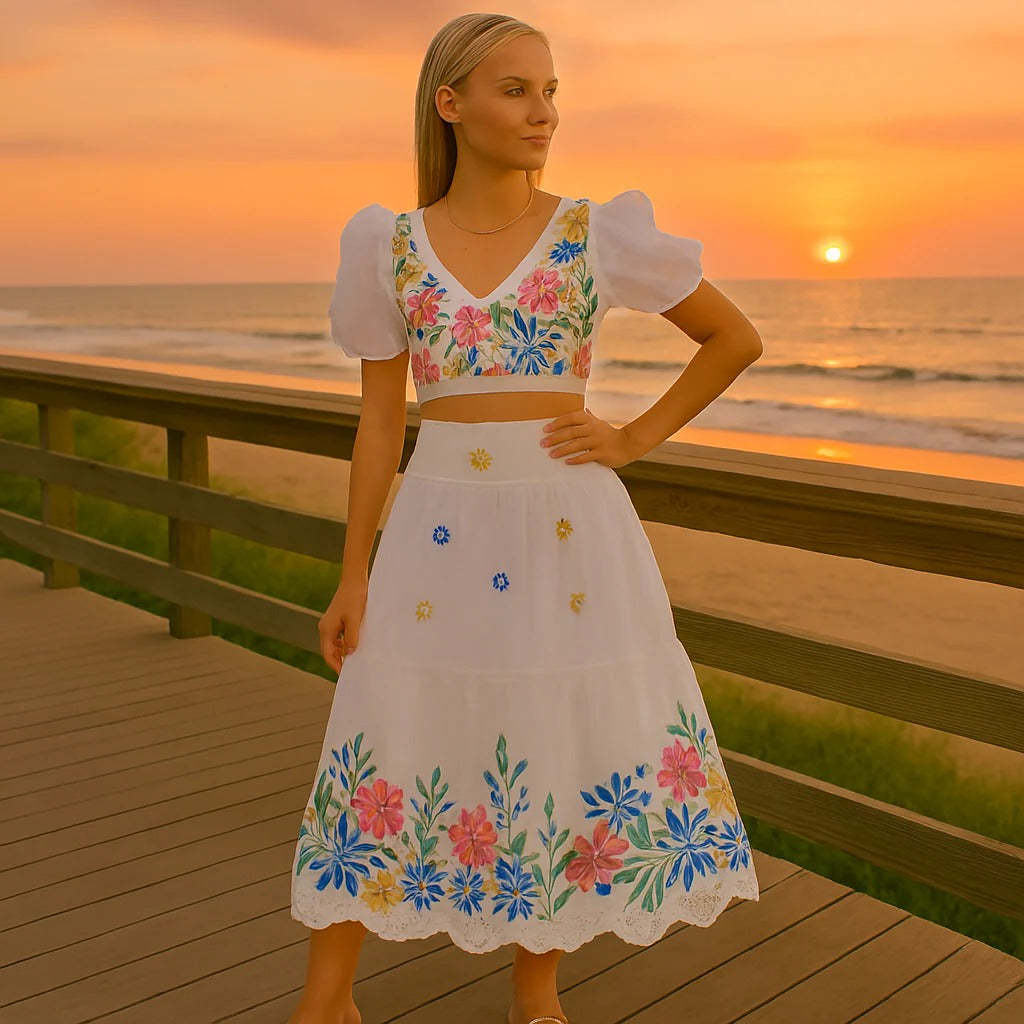 Floral Set with Puff Sleeve Top and High Waist Gathered Skirt for Women, 2 Piece