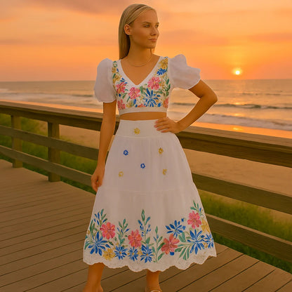 Floral Set with Puff Sleeve Top and High Waist Gathered Skirt for Women, 2 Piece