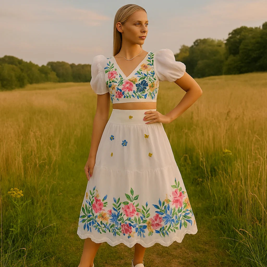 Floral Set with Puff Sleeve Top and High Waist Gathered Skirt for Women, 2 Piece