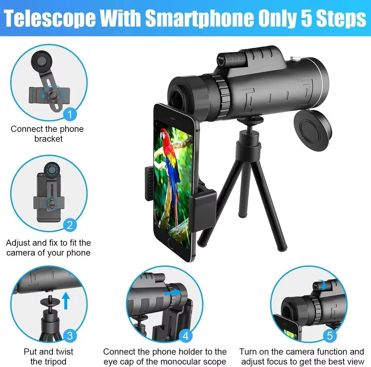 Compact Monocular Scope for Bird Watching and Hiking, 40x60 Magnification with Phone Mount