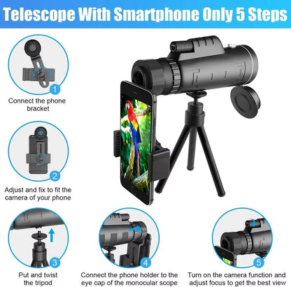 Compact Monocular Scope for Bird Watching and Hiking, 40x60 Magnification with Phone Mount
