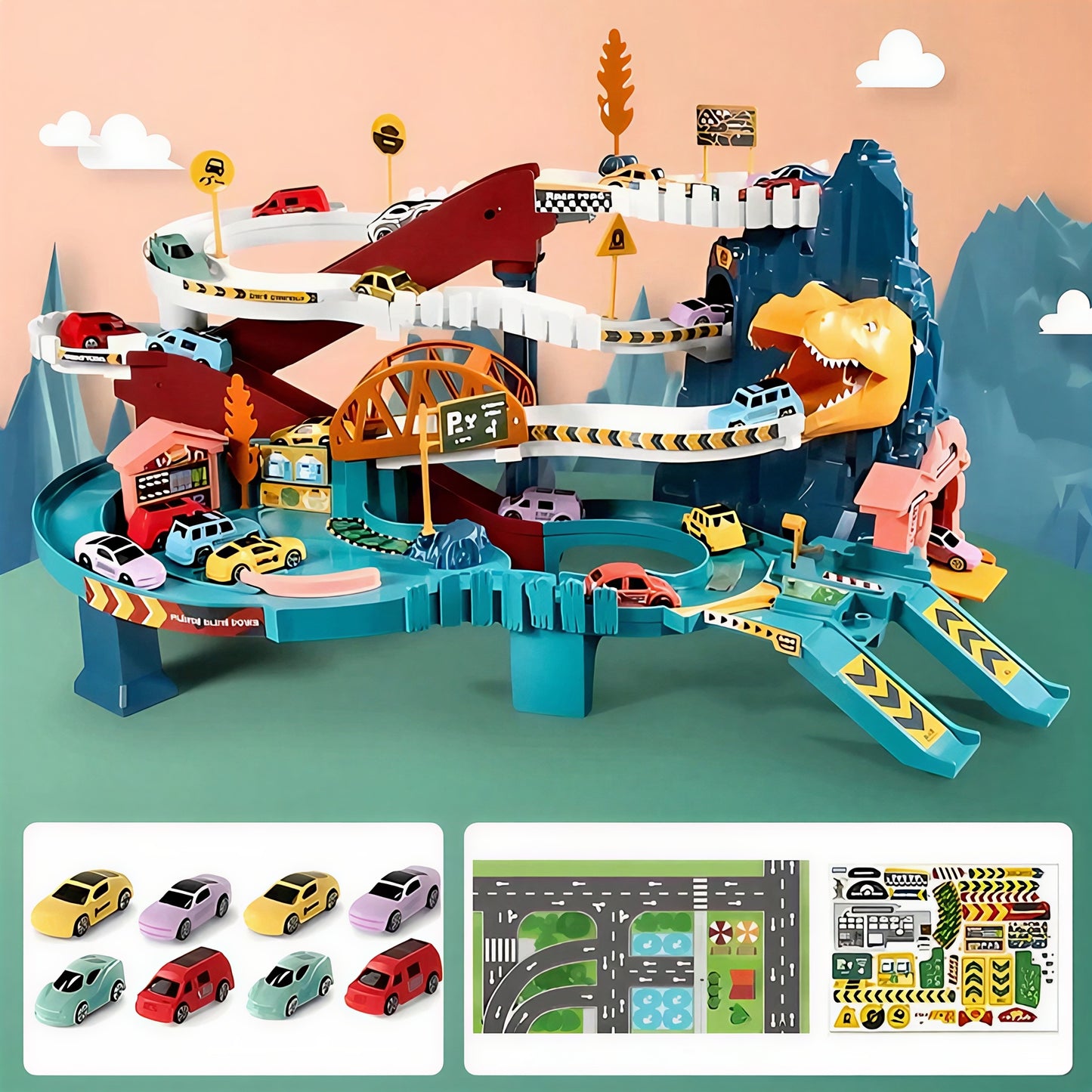 Dinosaur Themed Race Track Set with Cars Tunnels and Road Signs for Kids