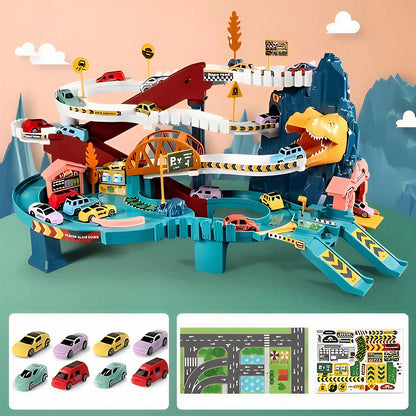 Dinosaur Themed Race Track Set with Cars Tunnels and Road Signs for Kids
